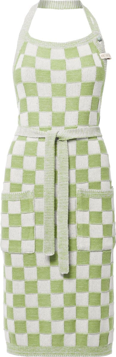 Knit Factory Gebreide Keukenschort Dames & Heren - Kookschort - Kokssloof - Keukensloof - Koksschort - Barbecue schort Block - Ecru/Spring Green - Lichtgroen - One Size - Met steekzakken