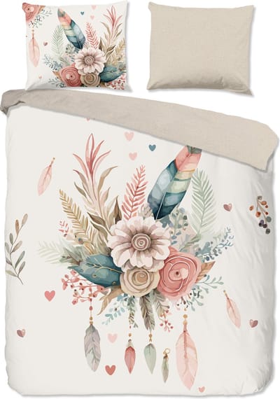 Good Morning dekbedovertrek bloemen en veren - 2 persoons 200x200/220 cm - Ecru - 100% Katoen renforc�