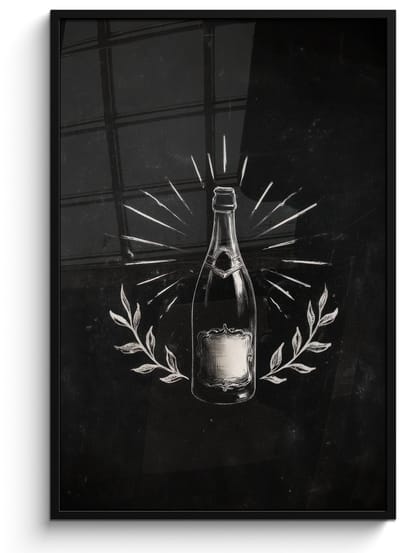Poster in lijst - Fotolijst 80x120 cm - Posters - Champagnefles - Lauriertakken - Zwarte achtergrond - Posterlijst zwart - Decoratie - Wanddecoratie woonkamer - Muurdecoratie slaapkamer
