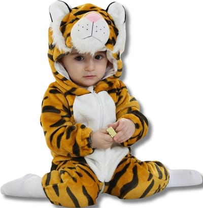 Tijger Baby Dieren romper Verkleedpak – Peuter CarnavalKostuum – Onesie Kinderen 6 maanden tot 2 jaar – Flanel – Voor Kerstmis, Sinterklaas Cadeau – Jongen & Meisjes - Jumpsuit – Pyjama of Boxpak – Kruippak – Perfect kraamCadeau – Oranje