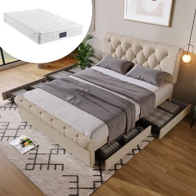 Tweepersoons gestoffeerd bed 140x200cm, bedframe met 4 lades en in hoogte verstelbaar hoofdeinde, functioneel Chesterfield bed, naturel, inclusief matras