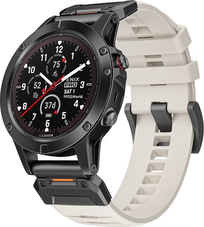 Stravo Garmin Fluororubber bandje geschikt voor Garmin Fenix 5 (Plus) - Fenix 6 (Pro) - Fenix 7 (Pro - Sapphire - Solar) - Fenix E - Fenix 8 47mm - Epix Gen 2 47mm - Quatix 5-6-7 - Quickfit 22mm band voor Garmin smartwatch bandje - Sterrenlicht