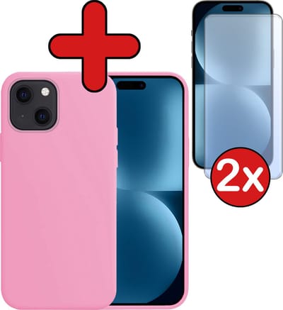 Hoesje - Met 2x Screenprotector - Geschikt voor Apple iPhone 15 - Sterk & Shockproof - Telefoon Hoes - Back Cover - Siliconen Case - Telefoonhoes - Lichtroze