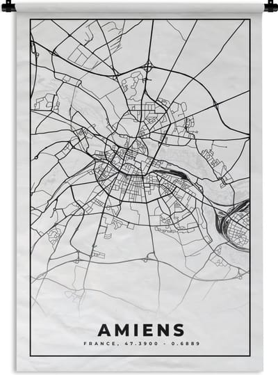 Wandkleed - Wanddoek - Plattegrond - Amiens - Kaart - Frankrijk - Stadskaart - Zwart wit - 120x180 cm - Wandtapijt