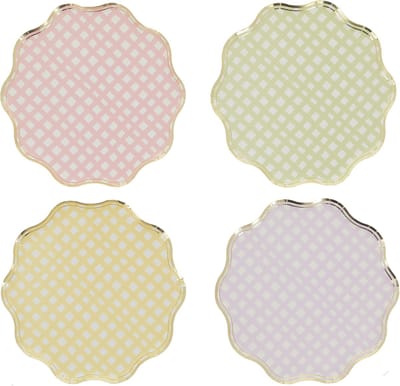 ARTYFETES - 8 kartonnen borden lila, roze, geel, groen en goud 23cm geschulpte pastelruiten