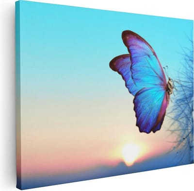 Artaza Canvas Schilderij Blauwe Vlinder - 40x30 cm - Klein - Muurdecoratie Zon - Wanddecoratie Natuur - Kamer Accessoires