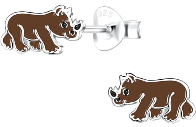 Joy|S - Zilveren neushoorn oorbellen - bruin - 8 x 5 mm - kinderoorbellen