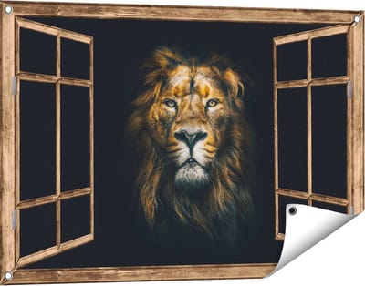 Gards Tuinposter Doorkijk Leeuw - Leeuwenkop - Kleur - 90x60 cm - Tuindoek - Tuindecoratie - Wanddecoratie buiten - Tuinschilderij