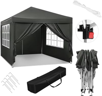 Varnox Partytent - Feesttent - Tent - Paviljoen tent - Inklapbare partytent - Pop-up partytent - Tuin tent - Buiten tent - Tuinluifel - Waterdicht - Afsluitbaar - UV Bescherming - Losse zijkanten - Hoogte verstelbaar - 3x3 meter - Antraciet