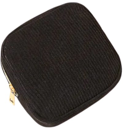 Corduroy Mini Make-up Tas - Zwart | 12 x 12 x 3 cm | Toilettas / Maandverband Etui | Fashion Favorite