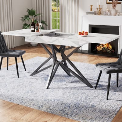 Sweiko Uitschuifbare Eettafel - 120 (160) x 80 cm - Stervormige poten - Marmerlook - Wit