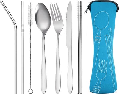 Bestekset met draagbare tas, roestvrijstalen mes, vork, lepel, eetstokjes, rietje bestek 7-delige set, roestvrijstalen bestek campingset met bestek opbergzak, geschikt voor buiten reizen picknick kantoor school lunchbox - lichtblauw