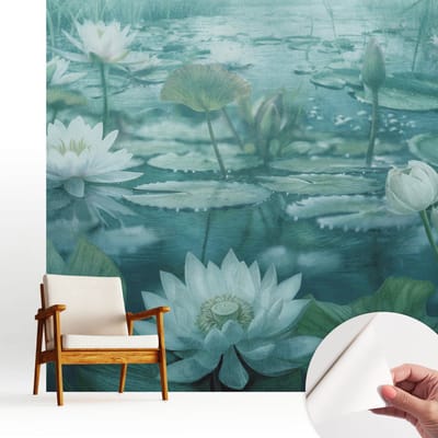 Wallfluent Zelfklevend Behang - Waterbloemen Zelfklevend fotobehang - 250x250 cm - Zwart-wit Zelfklevend Behang - Plakklare achterzijde - Voor de slaapkamer, woonkamer en hal Zelfklevend Behang
