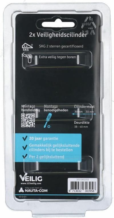 VEILIG veiligheidsprofielcilinder Standaard S6 30/30 SKG2 (set van 2 stuks gelijksluitend)