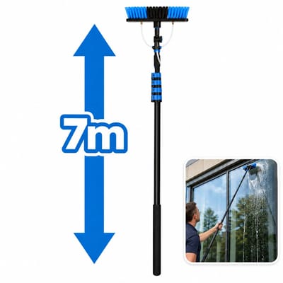 Nexxt Telescopische Waterbezem - 7m Uitschuifbaar - Werkhoogte tot 9m - Geïntegreerde Zeepdispenser - Incl. 9m Waterslang - Blauw