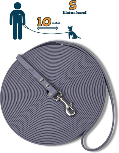 Miqdi lange lijn - BioThane – grijs - 10 meter lang – 9mm breed – XS/S – kleine hond – lange hondenriem