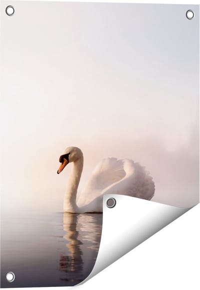 Gards Tuinposter Zwaan in het Water tijdens de Mist - 40x50 cm - Tuindoek - Tuindecoratie - Wanddecoratie buiten - Tuinschilderij