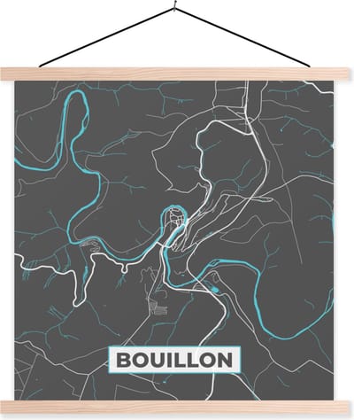 Posterhanger incl. Poster 40x40 cm - Schoolplaat - Plattegrond – Bouillon – Blauw – Stadskaart - Kaart - België - Textielposter - Blanke latten - Stadskaart