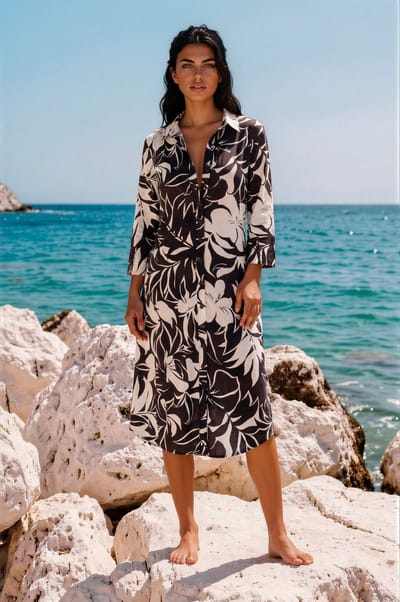 MI PIACE - Travel Jurk Tropical Hibiscus Print 202092 Espresso - Maat : XS