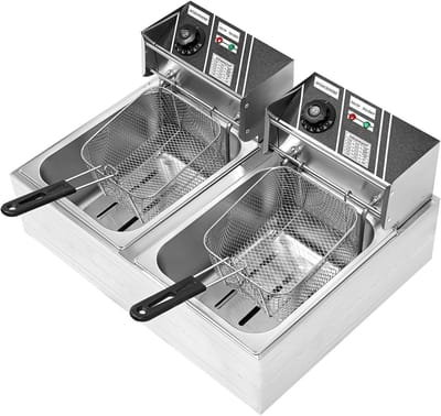 Dubbele Frituurpan - Elektrische Frituurmachine - Grote porties frituren - Instelbare temperatuur - 12 liter capaciteit - Zilver