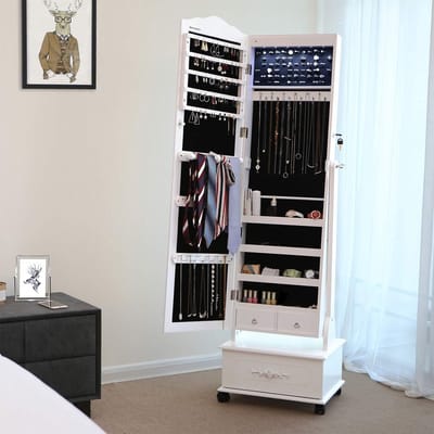 Witte sieradendoos op wielen met LED-verlichting en slot - JBC61W