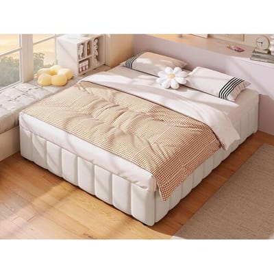 ModernLuxe Linnen gestoffeerd opbergbed - 140x200 cm - zonder hoofdbord - Beige