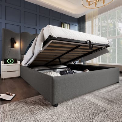 Gestoffeerd tweepersoonsbed 180×200 cm - leeslamp en USB Type-C oplaadfunctie, opbergbed, bedframe met lattenbodem van massief hout en metaal, Crème, linnen (exclusief matras)
