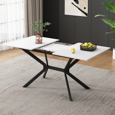 DESMIU Eettafel - Uitschuifbaar Ontwerp - Voor 4 Tot 6 Personen - Wit MDF Met Zwarte Metalen Poten - 120 Tot 160 X 80 Cm