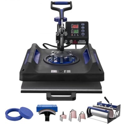 VEVOR Heat Press, 15 x 15 inch, 8-in-1 warmteoverdrachtsmachine met 30 oz Tumbler Press, 360° wegdraaibare digitale T-shirtpers, tefloncoating, voor T-shirts/mokken/hoeden/borden, zwart + blauw