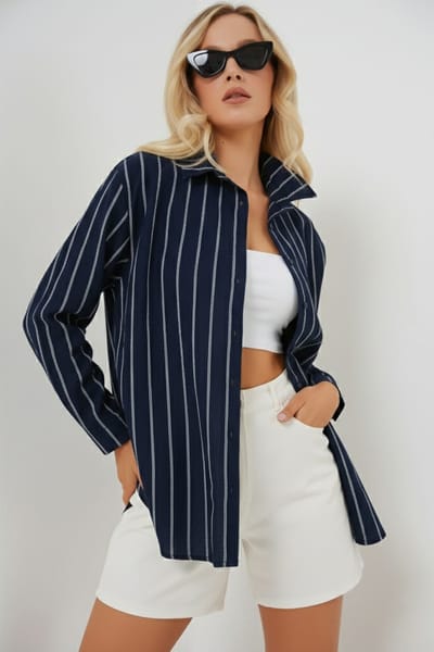Gestreepte Oversized Blouse met Knopsluiting