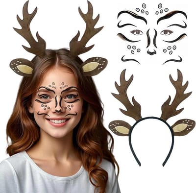 Antler Hoofdband Kostuum met Herten Gezicht Tattoo, Bruine Hoorns en Oren voor Halloween, Carnaval en Kerstfeest