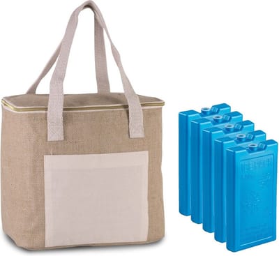 Grote strand koeltas jute/canvas 12 liter en 28 x 25 x 17 cm met 5x stuks 500 grams koelelementen blauw