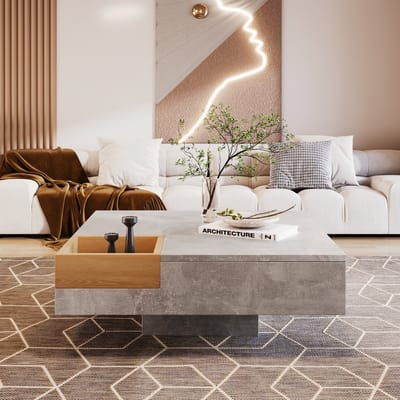 Wishdor Salontafel met uitneembare opbergbox - Betonlook en houtaccenten, compact 72×72×30 cm, robuust en stijlvol