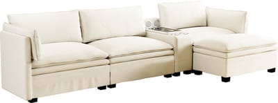 MODENUIT Hoekbank 315 Cm - Modulaire Opstelling Met Ottoman, Draadloos Laden En Verlichting - Woonkamer - Chenille Beige