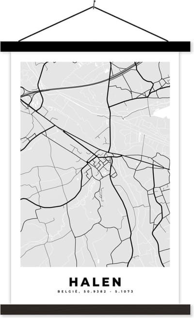 Posterhanger incl. Poster 40x60 cm - Schoolplaat - Zwart Wit – België – Plattegrond – Stadskaart – Kaart – Halen - Textielposter - Zwarte latten - Stadskaart