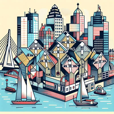 Doodle rotterdam schilderij | Rotterdam's Doodle Delight: An Artistic Exploration of Urban Life | Kunst - 100x100 centimeter op Dibond | Foto op Dibond