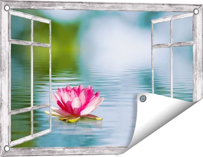 Gards Tuinposter Doorkijk Roze Lotusbloem op het Water - 60x40 cm - Tuindoek - Tuindecoratie - Wanddecoratie buiten - Tuinschilderij