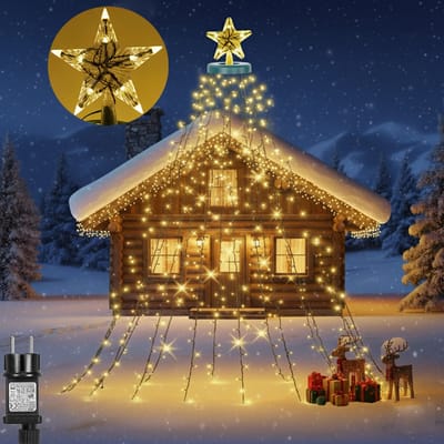MUPOO Kerstboomverlichting - Kerstboom voor buiten met ring+topper ster -Warm wit IP44 2.17 Meter 410LEDS, 16 Strengen Kerstversiering Lichtsnoer-Timer-8 Modi-Geheugenmodus-voor Sinterklaas
