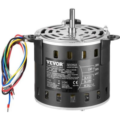 VEVOR 1/5 HP ventilatormotor, 220 V, 1,45 Ampère, 3 snelheden (700/900/1100 tpm), asdiameter 10 mm, aslengte 20 mm, rood. Linksom draaiend vanaf het uiteinde van de as, incl. CBB60 8 μF / 450 V condensator