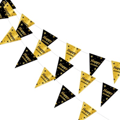 Q2P - Slingers - Happy Birthday - Verjaardag - Versiering - Decoratie - Feestversiering - Vlaggenlijn - Goud - Zwart