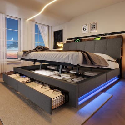 Gestoffeerd bed 180x200 cm - met USB Type-C oplaadfunctie - met opbergruimte en LED-verlichting - grijs - zonder matras