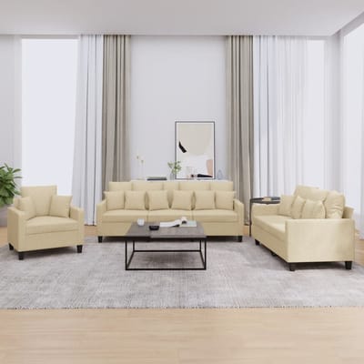 vidaXL - 3-delige - Loungeset - met - kussens - stof - crèmekleurig
