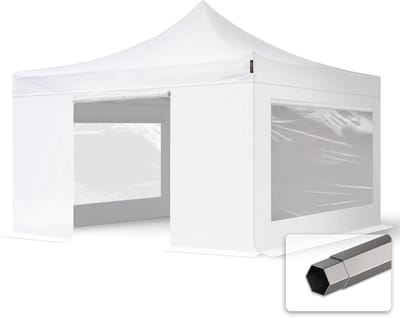 4x4 m Easy Up partytent Vouwpaviljoen PVC brandvertragend, PREMIUM staal 40mm met zijwanden (panorama), wit