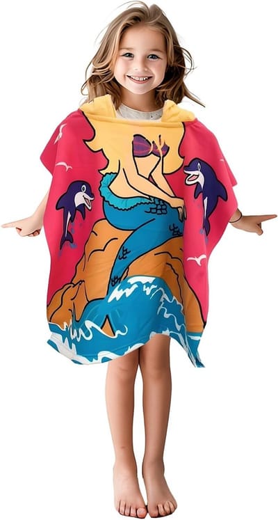 Hooded Poncho Handdoek voor Meisjes met Eenhoorn Motief - Badhanddoek, Strandhanddoek en Surfhanddoek voor Kinderen van 2 tot 8 Jaar, 90 x 60 cm
