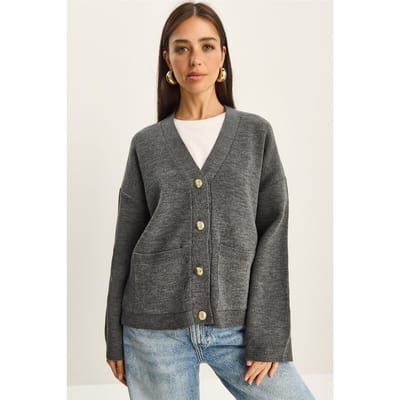 Dikke Geribbelde V-hals Longcardigan met Knopenluiting