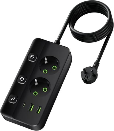 5-in-1 multistopcontact stekkerdoos met schakelaar - 2 stopcontacten - 3 USB-C en USB-A poorten - verlengkabel 2 meter - geschikt voor thuis - smartphone - kantoor en reizen
