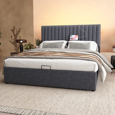 VVBV Gestoffeerd Opbergbed 160x200 cm - Opbergruimte, Lades, LED-Verlichting, App-bediening - Hout Grijs - Zonder Matras