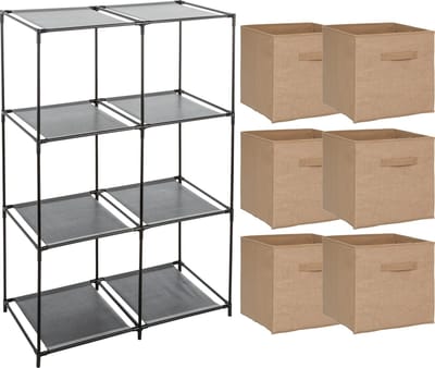 5Five Kastmandjes/opberg manden - naturel - jute - 6x stuks van 29L - Metalen rekje is 68 x 98 cm