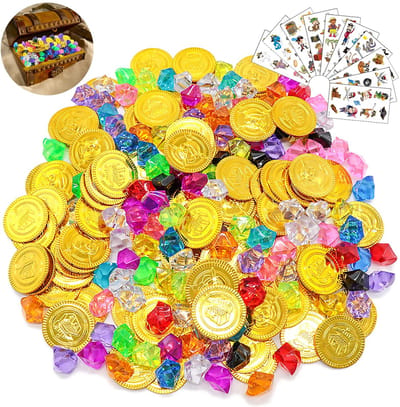 Dailygoods- Piratenschat 160 stuks - Gouden Munten - Edelstenen - Stickers - Educatief Speelgoed - Piratenfeest Decoratie - Piratenspeelgoed
