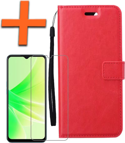 Hoes - Met Screenprotector - Geschikt voor OPPO A17 - Luxe Pasjeshouder - Bookcase Portemonee - Flip Case - Kunstleer Book Case - Flipcase - Book Cover - Walletcase - PortemonneeHoes - Rood